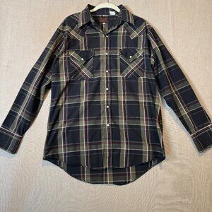 Plains Western Wear Snap Front Plaid Shirt Medium Black Olive Maroon Pearl Snap